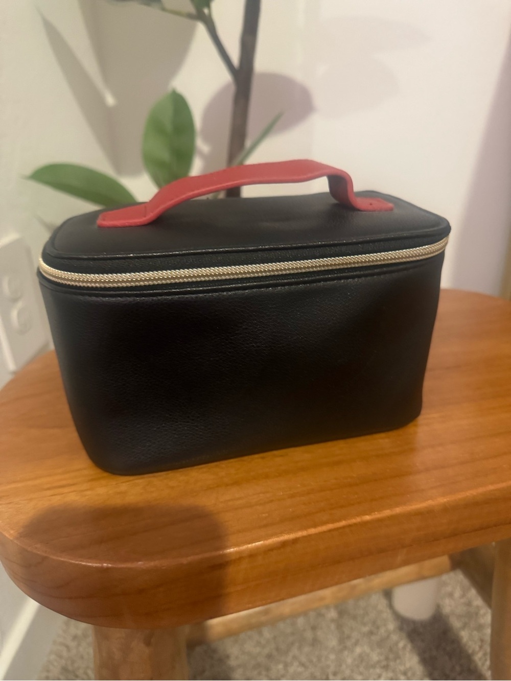 Bulgari Black Cosmetic Case with Red Handle and Gold Zipper Trim